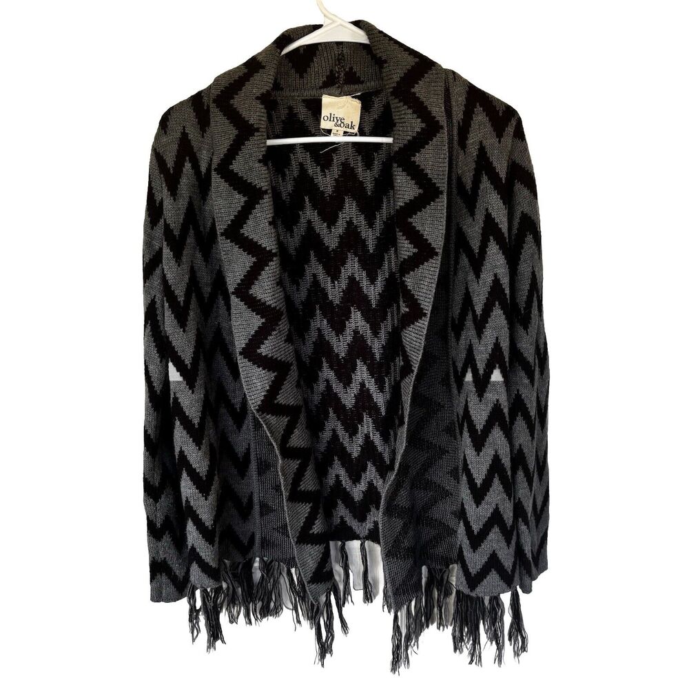 Olive & Oak Cardigan Sz M Women Black Gray Tassels Open Front Autumn Fall Casual